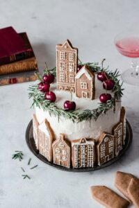 A classic Christmas cake decorated with marzipan and fondant.