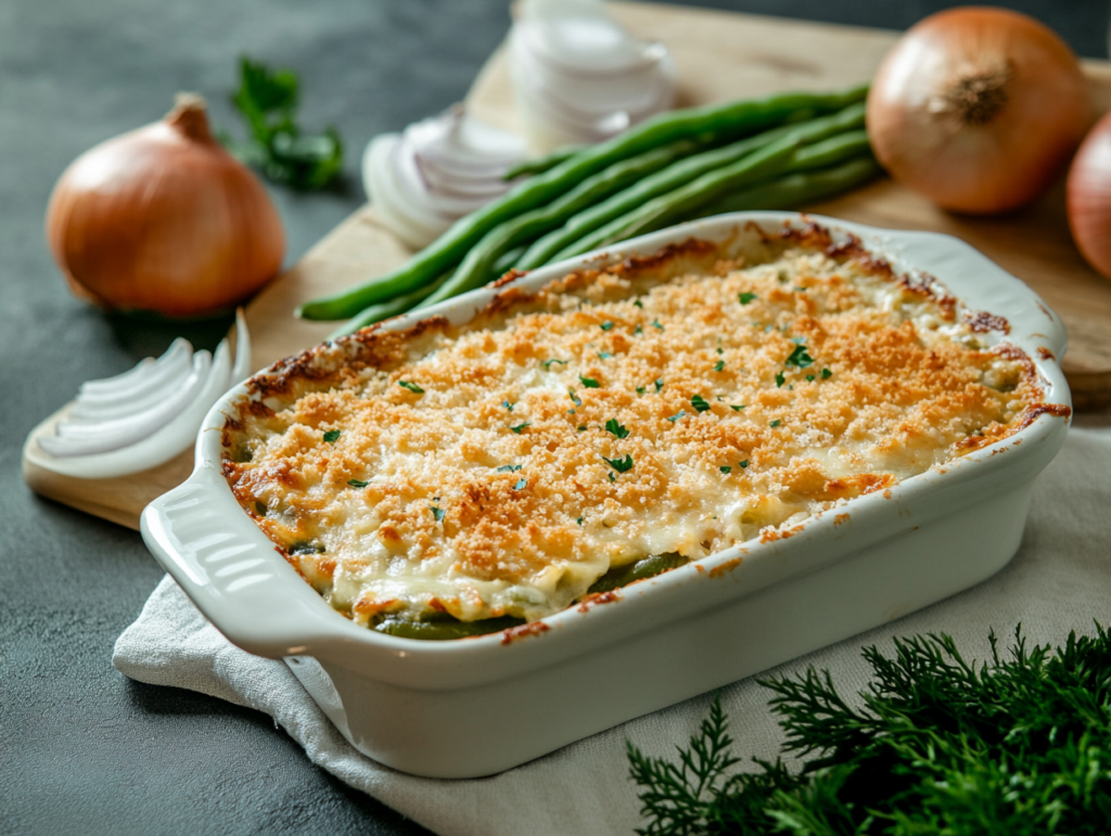 A classic green bean casserole topped with crispy breadcrumbs and melted cheese, served in a rustic baking dish.