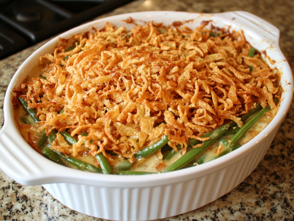 A delicious gluten-free green bean casserole in a white ceramic baking dish