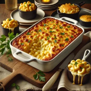 An elegant presentation of mac and cheese with a golden-brown crust in a polished casserole dish, garnished with parsley, accompanied by individual ramekins and small skillets for a restaurant-style look, styled on a rustic table.