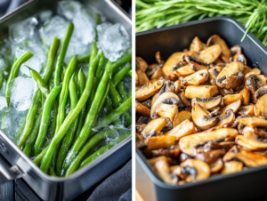 A step-by-step image of blanched green beans in an ice bath, sautéed mushrooms, and a baking dish filled with creamy green bean casserole