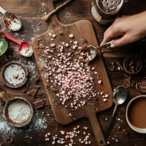 Homemade peppermint chips being broken into small pieces on a cutting board, surrounded by a scene of measuring spoons, melted chocolate, and a steaming cup of cocoa.