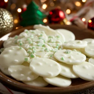 Close-up of peppermint-infused white chocolate chips with a festive holiday backdrop.