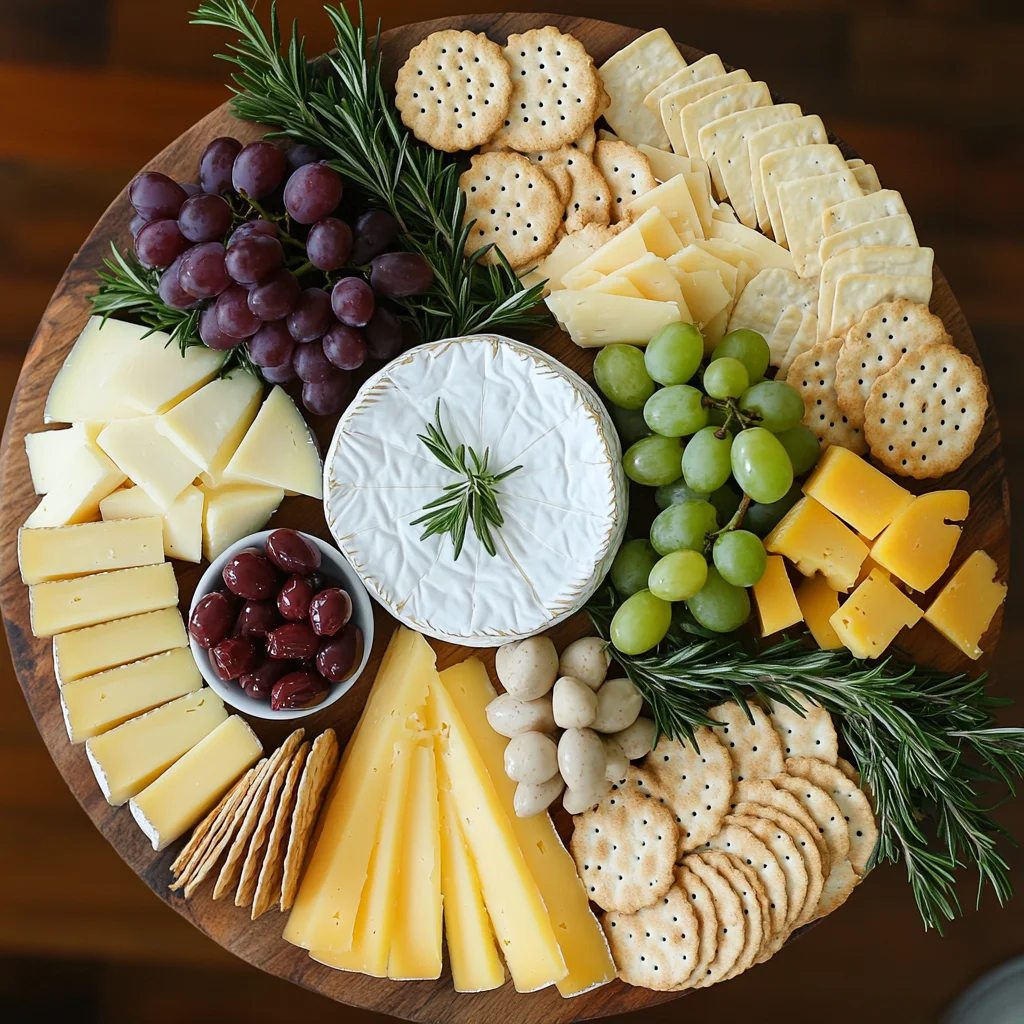 An assortment of cheeses on a wooden platter, including cheddar, Parmesan, brie, and Gruyère, surrounded by grapes, crackers, fresh herbs, and olives, highlighting the variety of textures and colors.