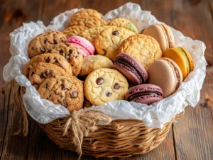 A DIY cookie baking gift basket with pre-measured mixes, cookie cutters, sprinkles, and a personalized apron on a rustic kitchen counter