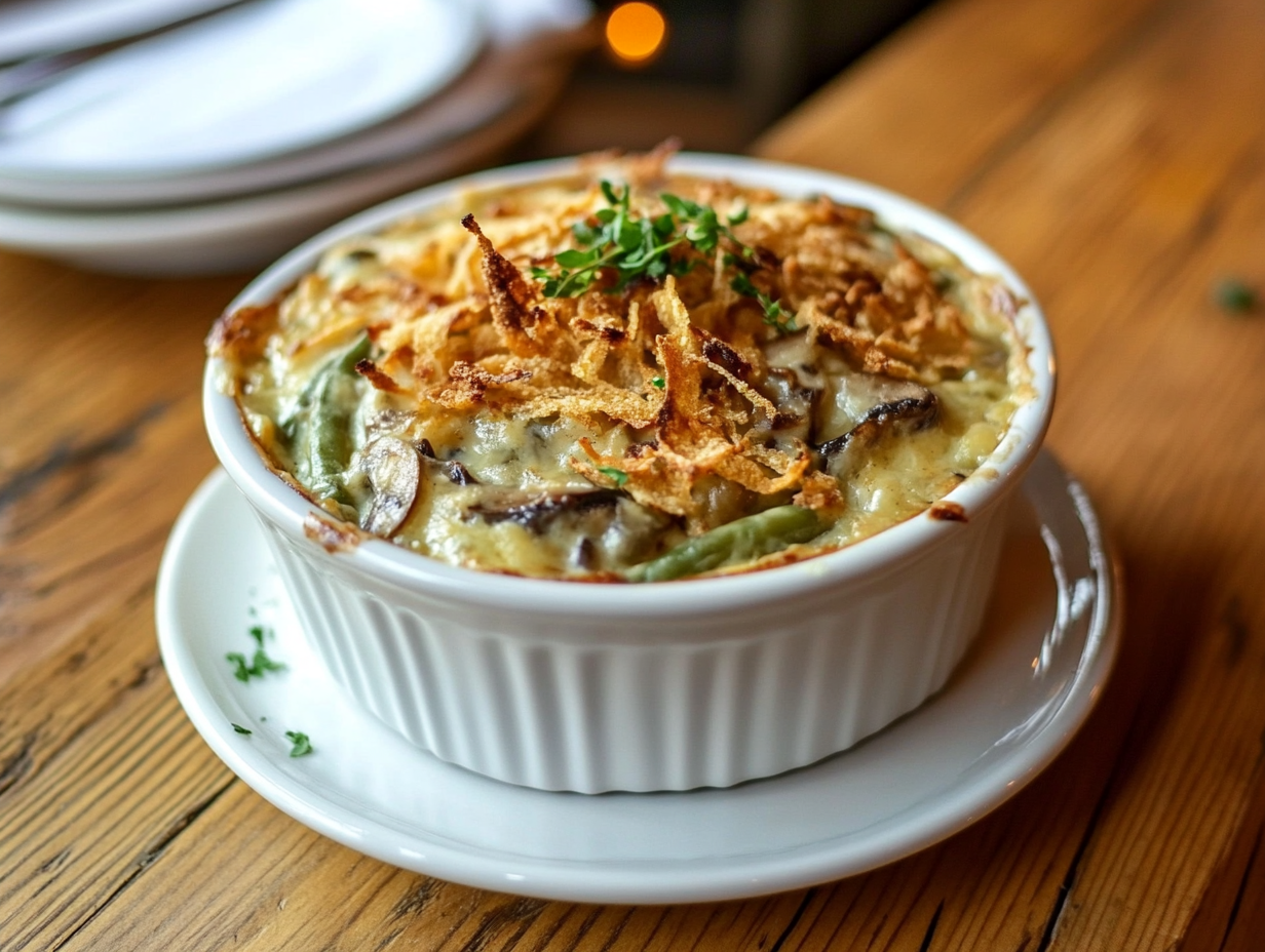 A traditional green bean casserole topped with crispy fried onions in a white baking dish