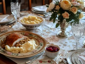 A beautifully set Thanksgiving table with stuffing served inside the turkey and dressing in a dish, alongside mashed potatoes and cranberry sauce