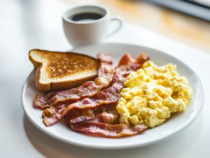 Breakfast plate with crispy beef bacon, scrambled eggs, toast, and coffee.