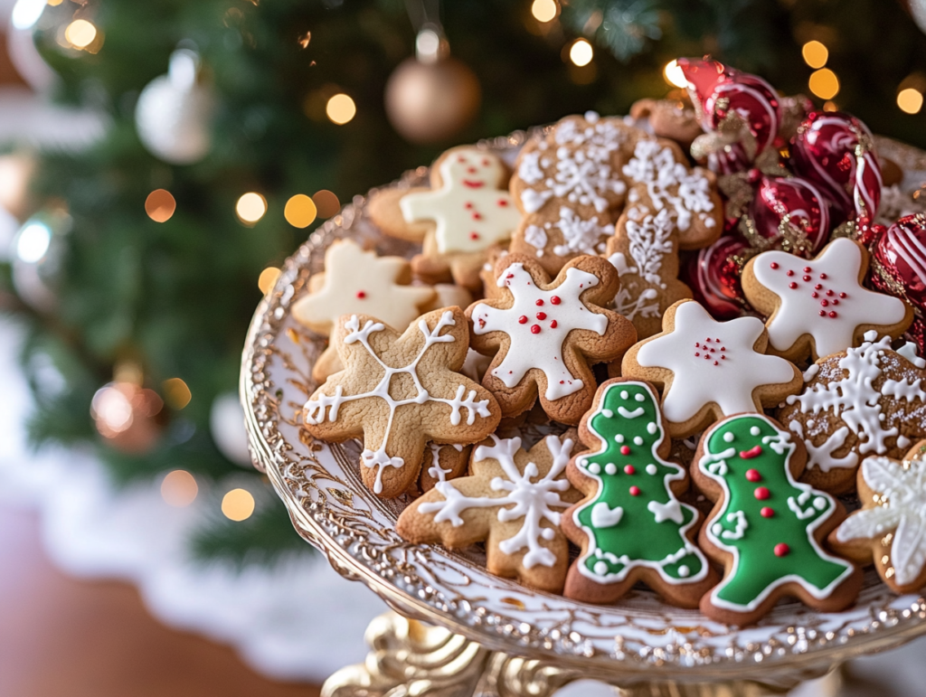 Festive platter of Christmas cookies arranged with gingerbread, sugar cookies, and shortbread for the holidays.