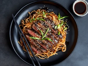 Soy-marinated steak paired with sesame noodles, garnished with sesame seeds and scallions on a sleek black plate with chopsticks and a soy-ginger dipping bowl