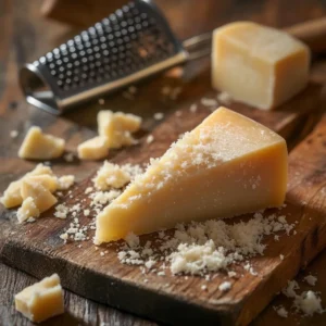 Parmesan cheese wedge on a wooden board, surrounded by grated cheese and chunks, with a grater in the background, showcasing its granular texture and pale golden hue