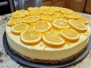 Cheesecake adorned with thin lemon and orange slices in a floral arrangement, sprinkled with citrus zest, placed on a bright, airy kitchen counter