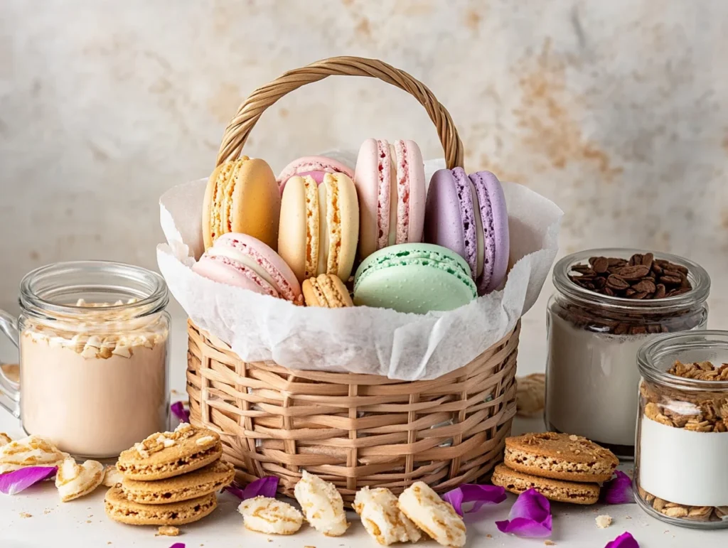 A decorative gift basket filled with assorted cookies, including chocolate chip, shortbread, and colorful macarons, tied with a ribbon on a rustic wooden table