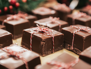 "Homemade chocolate fudge wrapped in festive packaging for Christmas treats for gifts."