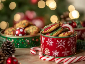 Holiday cookie tins with festive decorations, including candy canes, ornaments, and pine cones.

