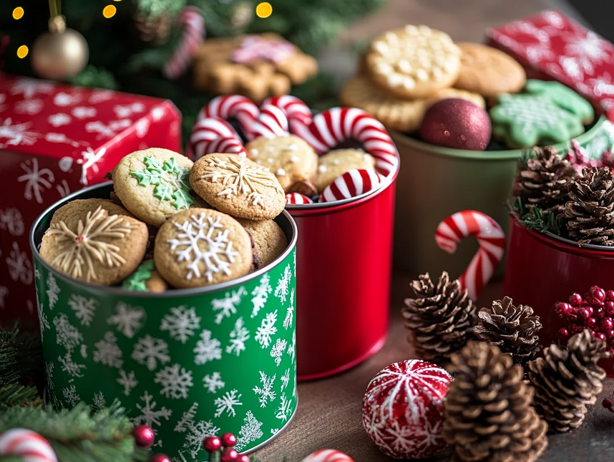 Holiday cookie tins with festive decorations, including candy canes, ornaments, and pine cones.