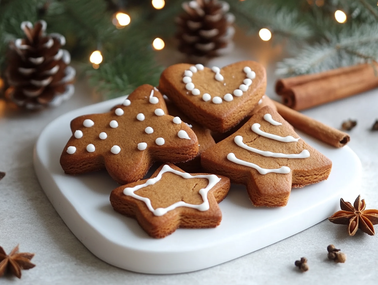 Freshly baked gingerbread cookies shaped like stars and trees, surrounded by festive holiday decorations.