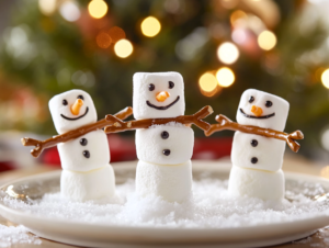 Marshmallow snowmen with pretzel stick arms. 