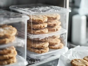 Almond cookies in a freezer-safe container with parchment layers, surrounded by frost crystals in a cold freezer