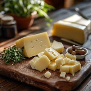 Wooden board with chunks and a block of Gruyère cheese, accompanied by fresh herbs and a small bowl of olives, highlighting the cheese's creamy texture and golden color.