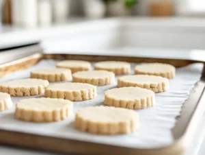 Perfectly sliced rounds of chilled gluten-free cookie dough placed on a parchment-lined baking sheet, bright and clean kitchen setting