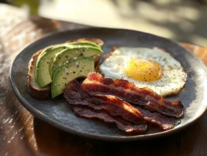 Plated beef bacon with eggs, toast, and avocado on a rustic breakfast table.