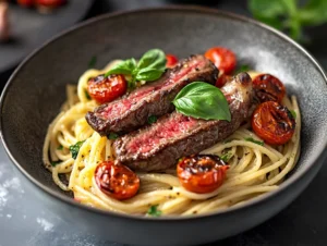 Seared steak strips on garlic butter spaghetti, accented with roasted cherry tomatoes and fresh basil in a stylish ceramic bowl.