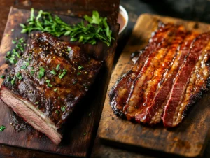 Side-by-side image of beef brisket and beef bacon on separate wooden boards, showing the brisket's tenderness and bacon's crispiness