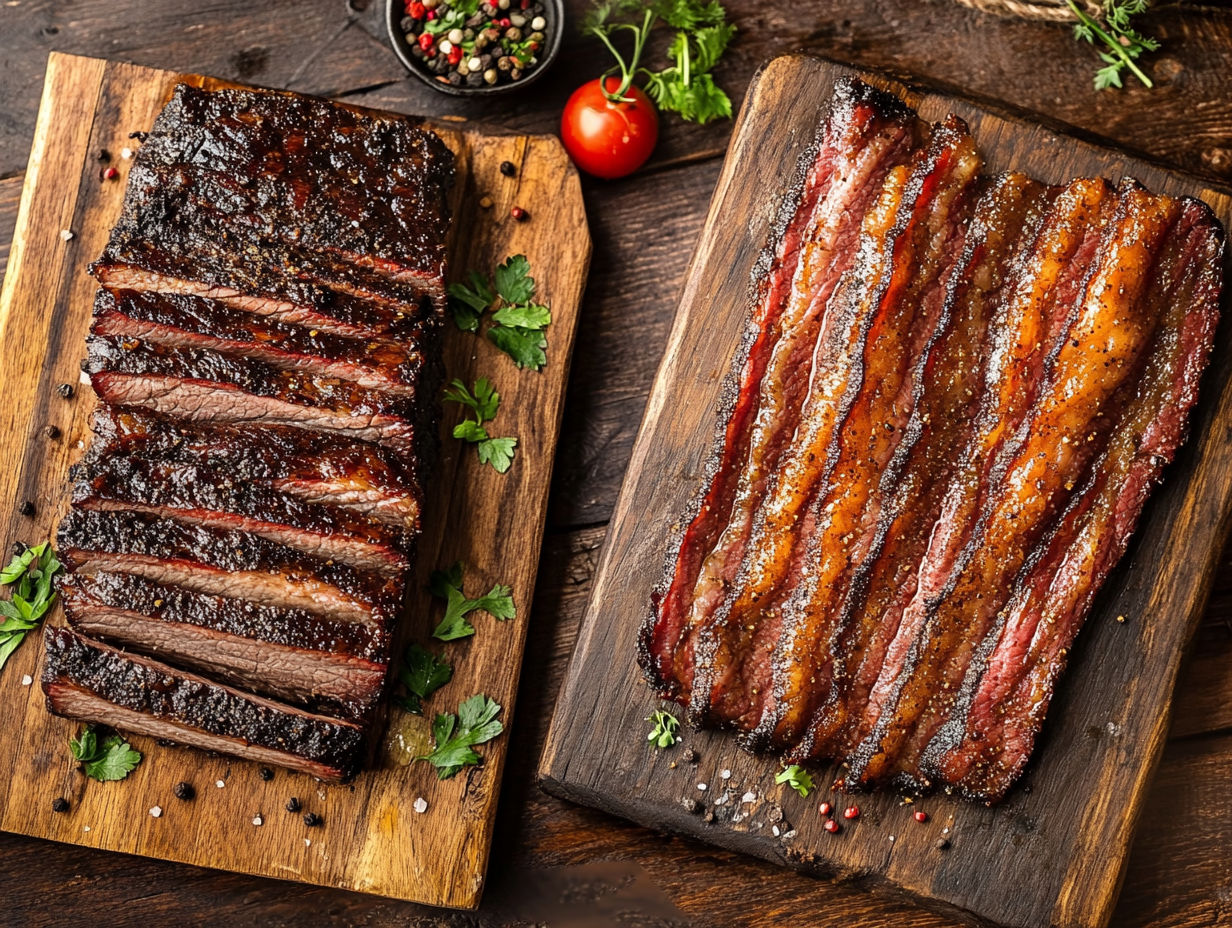 Side-by-side comparison of beef brisket and beef bacon, brisket slow-cooked and tender, bacon crispy and golden, placed on separate wooden boards with garnishes, well-lit rustic kitchen environment.