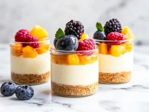 Single-serving no bake mini cheesecakes in glass jars with layers of graham cracker crust, creamy filling, and vibrant fruit toppings, styled beautifully on a marble countertop with a soft focus background