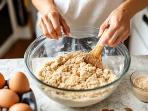 A step-by-step baking scene with almond cookie ingredients neatly displayed and a hand mixing the dough in a glass bowl