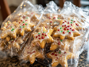 Christmas cookies wrapped in plastic and stored in a labeled freezer-safe bag for long-term freshness