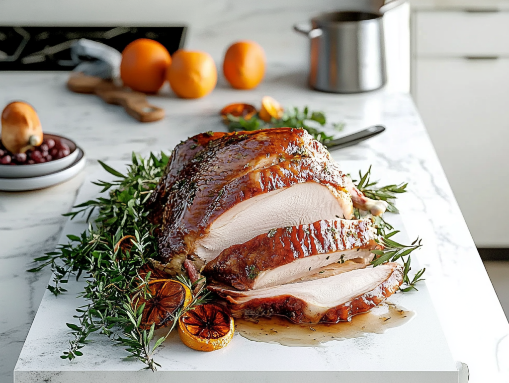 big wild turkey dish on a white kitchen countertop, natural lighting, in a modern kitchen