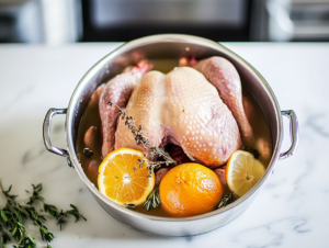 soaking big wild turkey on a white kitchen countertop, natural lighting,