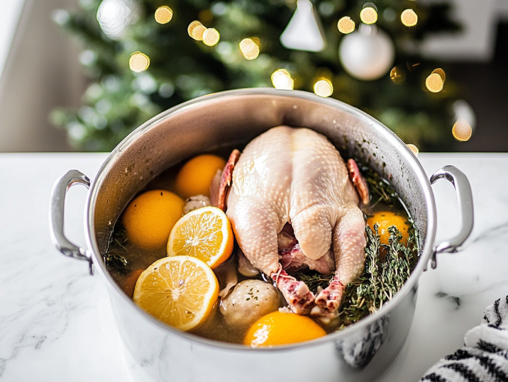 soaking wild turkey on a white kitchen countertop, natural lighting, christmas tree in the background.