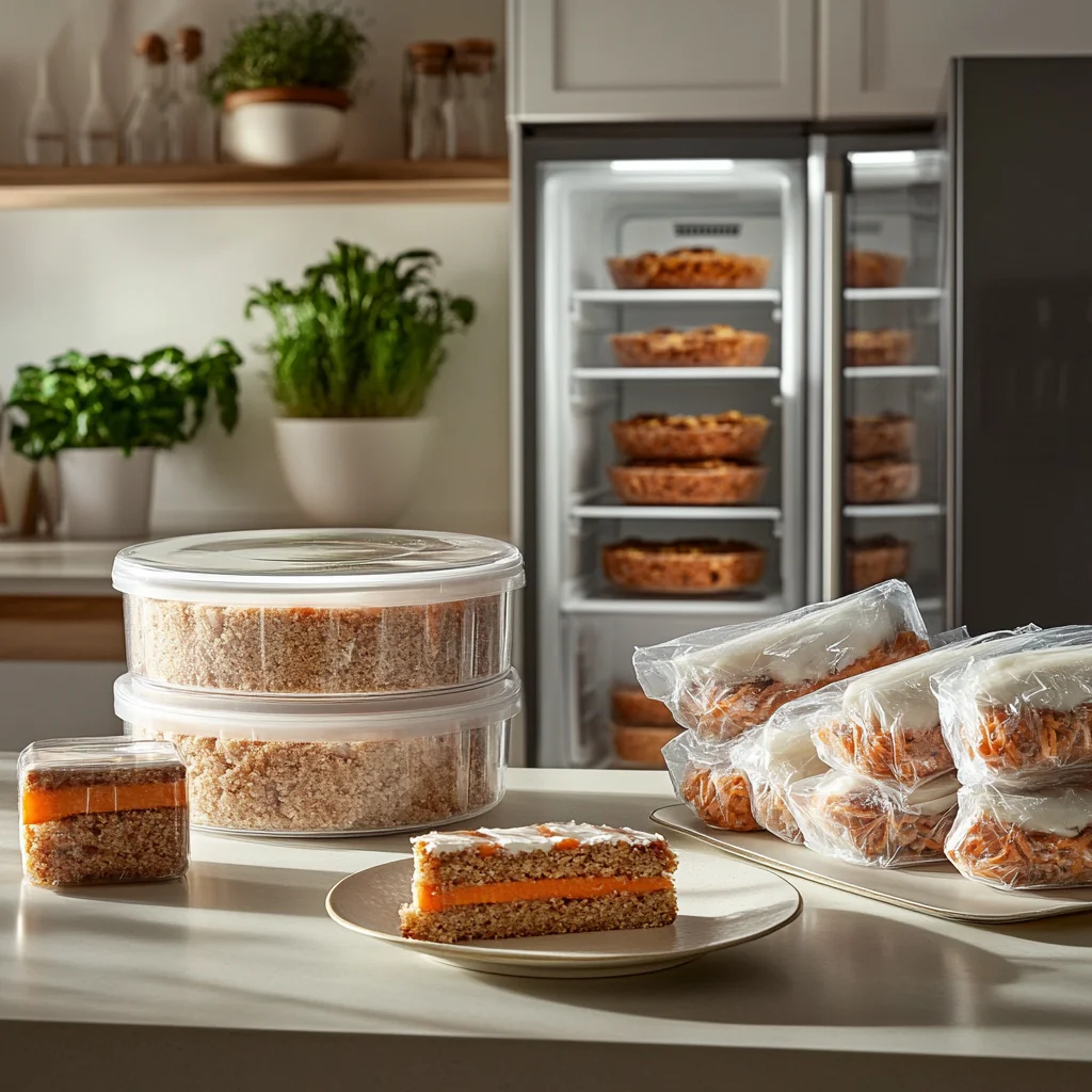 An illustrative setup showing carrot cake stored in various conditions: room temperature, refrigerated, and frozen, demonstrating proper storage techniques to maintain freshness and prevent spoilage.