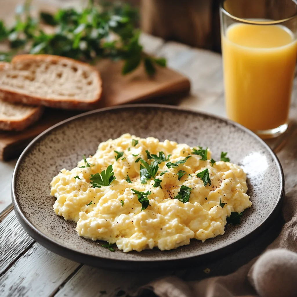 A close-up of a breakfast dish featuring creamy scrambled eggs blended with cottage cheese, garnished with fresh parsley, accompanied by a slice of toast and a glass of orange juice on a rustic wooden table in natural morning light.