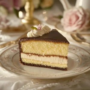 A Boston cream pie with layers of fluffy sponge cake, smooth custard filling, and a glossy chocolate ganache topping, served on a white plate with decorative cutlery nearby.