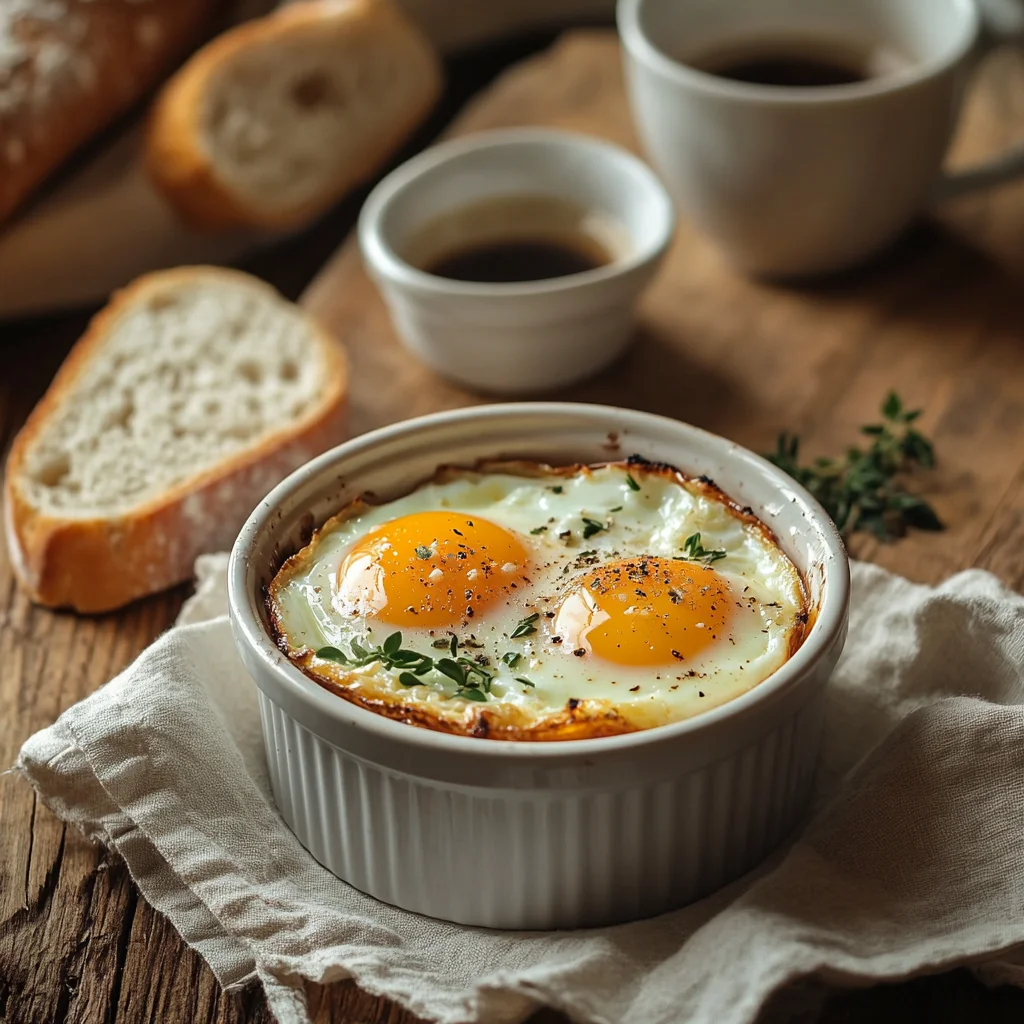 Perfectly baked eggs in a ceramic ramekin, garnished with fresh herbs, set on a rustic table with coffee and bread, showcasing a versatile breakfast or brunch dish.