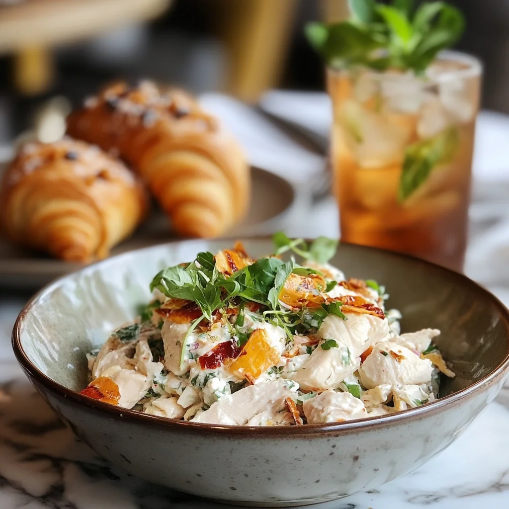 A Delicious Diva gourmet chicken salad dish featuring a creamy and tangy texture, garnished with fresh herbs and paired with a buttery croissant and iced tea, showcased in a warm restaurant setting that exudes comfort and sophistication.