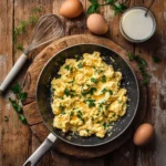 A plate of perfectly cooked scrambled eggs with a creamy, fluffy texture, garnished with fresh herbs, next to a non-stick pan, a whisk, and a bowl of cracked eggs on a rustic wooden table.