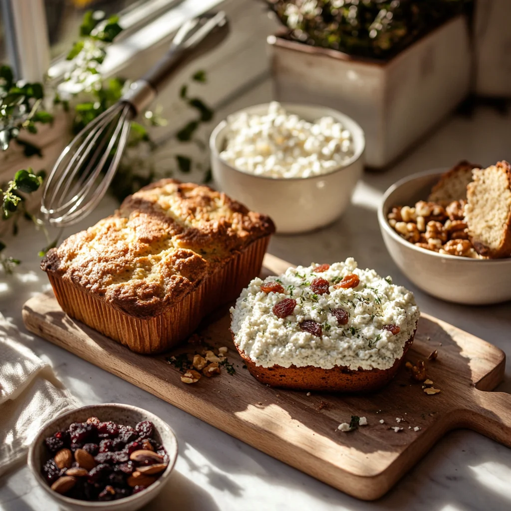 A beautifully styled kitchen countertop scene featuring an array of baked goods, all made with cottage cheese. Muffins, pancakes, and a loaf of savory bread are arranged on a wooden board, surrounded by small bowls of cottage cheese, chopped nuts, dried fruits, and a scattering of herbs. Natural light streams in, casting a warm and inviting glow that highlights the textures and colors of the food. A whisk and mixing bowl are visible in the background, adding a touch of authenticity to the baking process