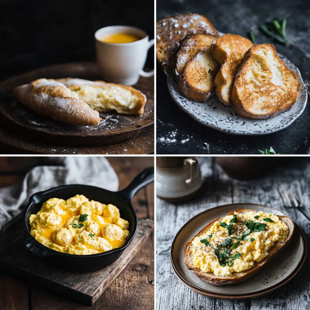 A visual representation of global scrambled egg variations: creamy French 'œufs brouillés' in a skillet, fluffy American scrambled eggs with bacon and toast, and rich British scrambled eggs made with cream or milk, each served with distinctive accompaniments showcasing their cultural origins.