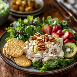 A delicious meal showcasing Nutty Nana chicken salad served with buttery crackers, fresh fruits like strawberries and kiwi, and a crisp green salad, all beautifully arranged on a rustic wooden table with soft natural lighting.