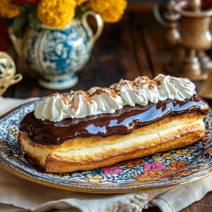 Close-up of a larger American-style éclair filled with whipped cream or buttercream and topped with a thick chocolate glaze, highlighting its sweeter and more indulgent appearance compared to French éclairs.