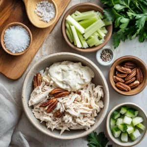 An inviting kitchen scene showcasing the ingredients for Nutty Nana chicken salad: shredded chicken, mayonnaise, chopped pecans, sugar or honey, salt, and pepper, along with optional additions like diced celery and parsley, all laid out on a wooden cutting board.