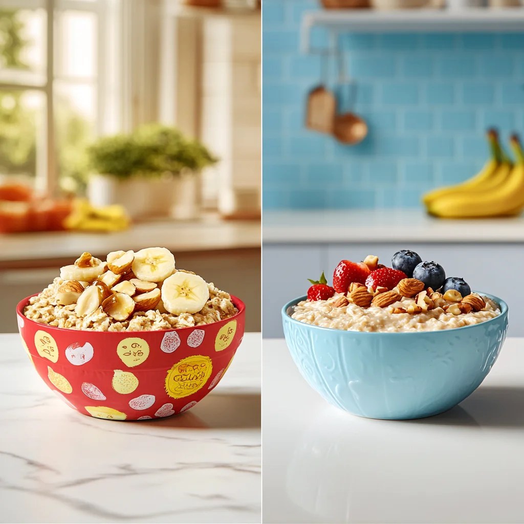 A comparison of flavored oats in a package, which may contain added sugars and artificial ingredients, and a bowl of plain oats topped with fresh fruits and nuts, highlighting a healthier homemade alternative.