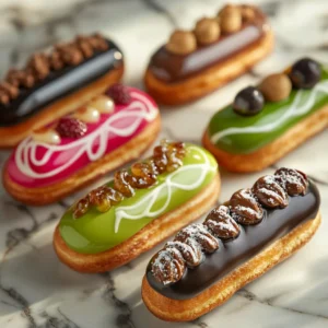 An assortment of modern éclairs with creative toppings like salted caramel, matcha glaze, and fruit compotes, contrasted with a traditional French éclair topped with a simple chocolate glaze, highlighting the differences in style and presentation