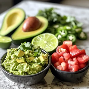 Fresh keto-friendly ingredients for guacamole, featuring ripe avocados, lime halves, sliced jalapeños, chopped cilantro, and a small bowl of diced tomatoes, arranged on a bright kitchen counter