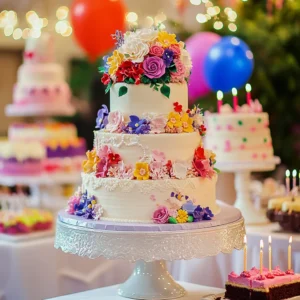 A lively celebration scene featuring a multi-tiered wedding cake with flowers, a colorful birthday cake with candles, and a classic chocolate cake, surrounded by festive decorations like balloons and streamers.